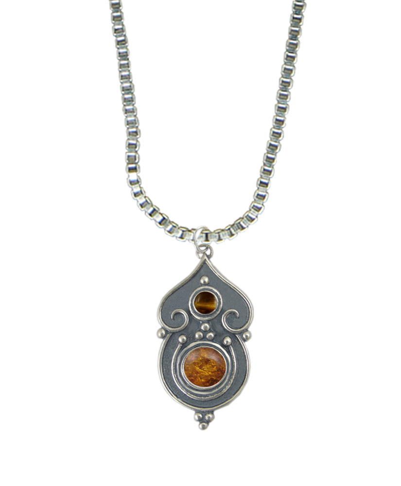 Sterling Silver Necklace Amber And Tiger Eye